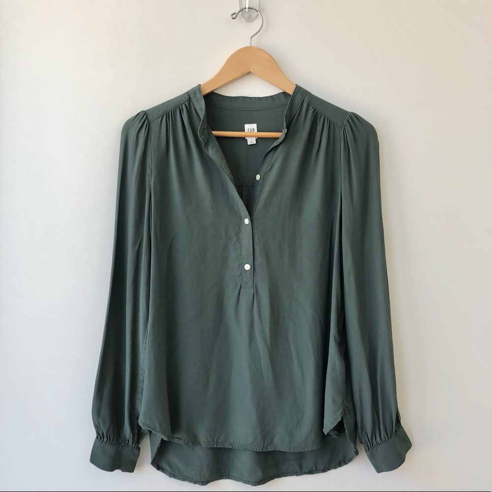 GAP Shirred Henley Long Sleeves Button Front Hunter Green Blouse - Size M